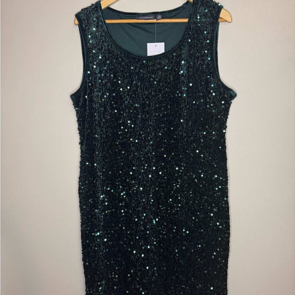 Nina Leonard Green Sequin Sleeveless Shift Dress‎ Size XL NWT
